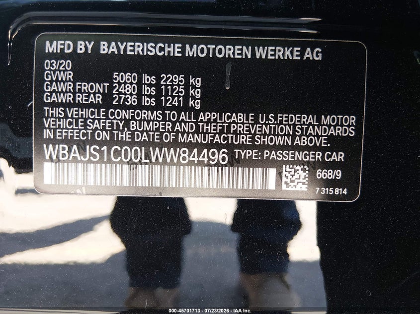 2020 BMW 5er VIN WBAJS1C00LWW84496 IAAI salvage auction — FRONT END, Salvage Title, sold $14,400 on 2026-08-20 (photo 9)
