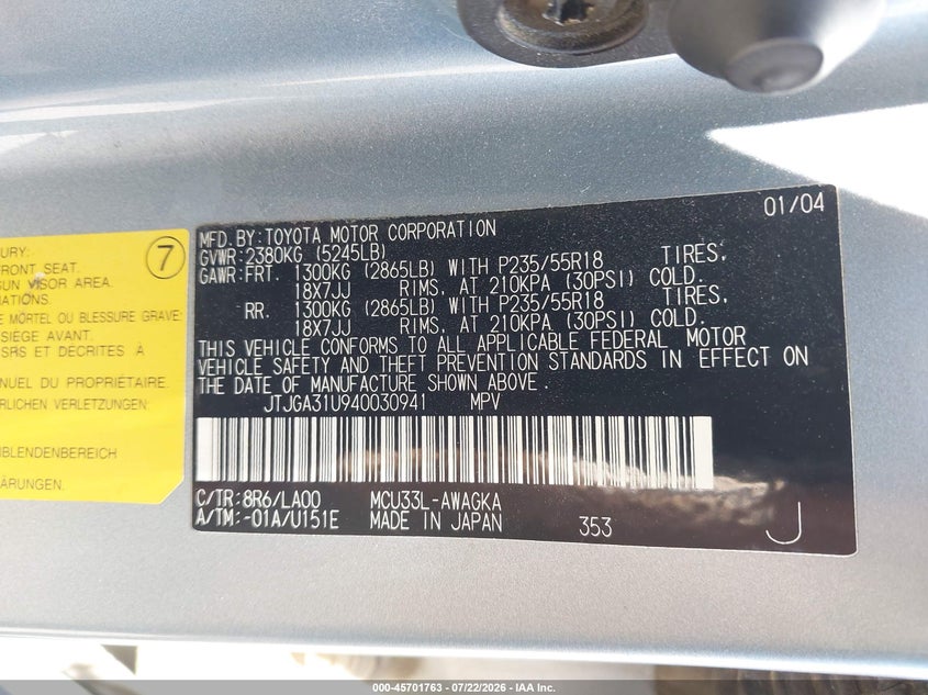2004 Lexus Rx 330 VIN JTJGA31U940030941 IAAI salvage auction — NORMAL WEAR, Clear - Dealer Only (California), sold $425 on 2026-07-28 (photo 9)