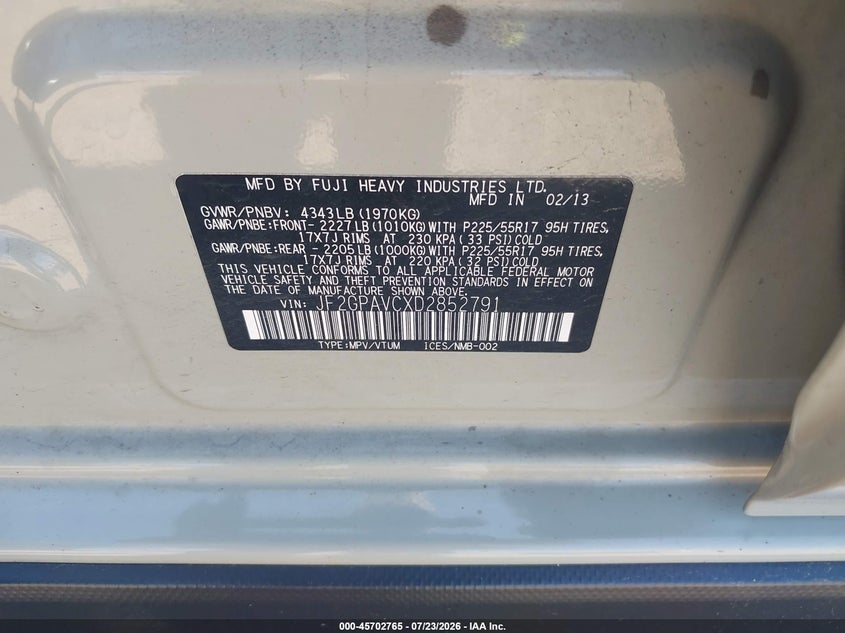 2013 Subaru Xv VIN JF2GPAVCXD2852791 IAAI salvage auction — FRONT END, Wait Title, sold $875 on 2026-08-03 (photo 9)