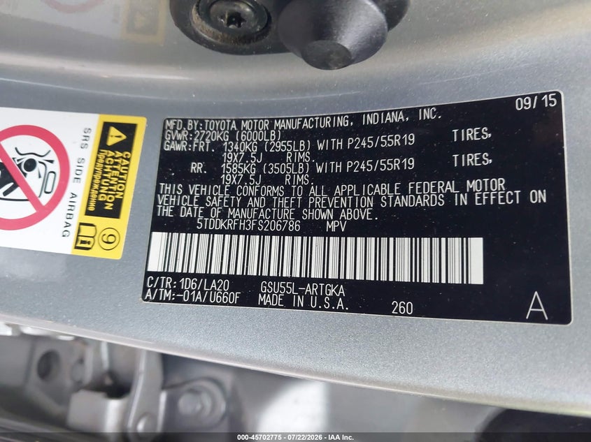 2015 Toyota Highlander VIN 5TDDKRFH3FS206786 IAAI salvage auction — SIDE, Clear (Virginia), sold $275 on 2026-07-31 (photo 9)