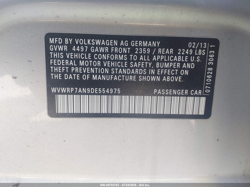 2013 Volkswagen Passat cc VIN WVWRP7AN9DE554975 IAAI salvage auction — FRONT END, Clear (New Jersey), sold $725 on 2026-07-27 (photo 9)