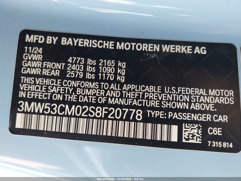 2025 BMW 2er VIN 3MW53CM02S8F20778 IAAI salvage auction — REAR END, Salvage Title, sold $14,000 on 2026-08-24 (photo 9)