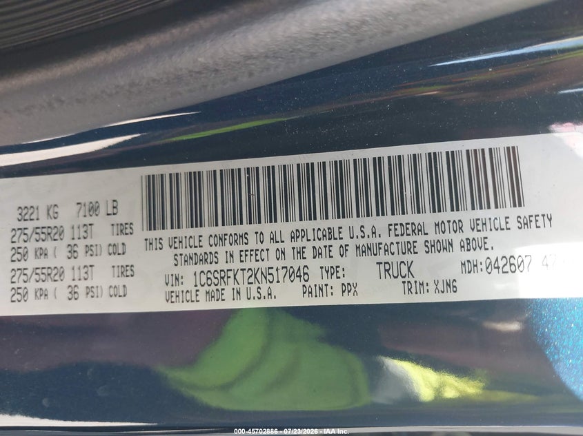 2019 Ram 1500 VIN 1C6SRFKT2KN517046 IAAI salvage auction — REAR END, Rebuildable (Florida), sold $10,600 on 2026-08-25 (photo 9)