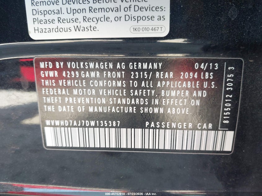 2013 Volkswagen Gti VIN WVWHD7AJ7DW135387 IAAI salvage auction — REAR END, Clear (Wisconsin), sold $1,225 on 2026-08-12 (photo 9)