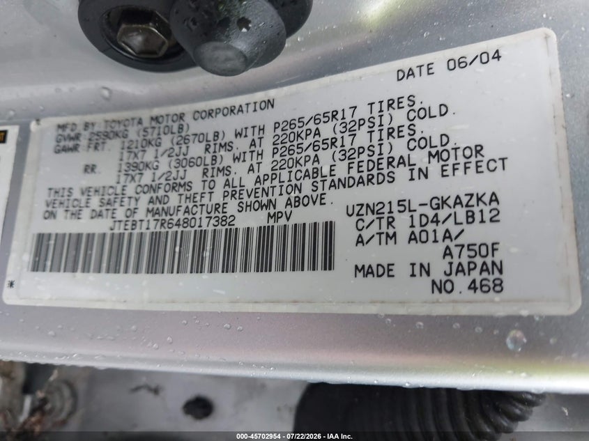 2004 Toyota 4runner VIN JTEBT17R648017382 IAAI salvage auction — NORMAL WEAR, Clear (Virginia), sold $1,100 on 2026-07-31 (photo 9)