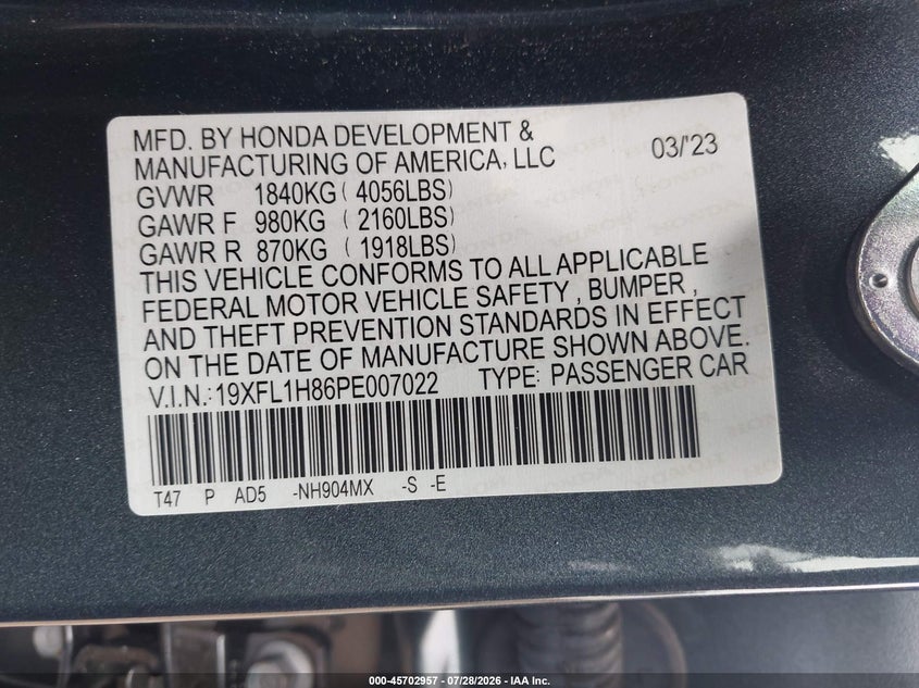 2023 Honda Civic VIN 19XFL1H86PE007022 IAAI salvage auction — FRONT END, Rebuildable (Florida), sold $6,500 on 2026-07-31 (photo 9)