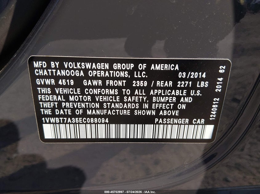 2014 Volkswagen Passat VIN 1VWBT7A35EC088094 IAAI salvage auction — LEFT SIDE, Salvage (New Jersey), sold $975 on 2026-09-02 (photo 9)