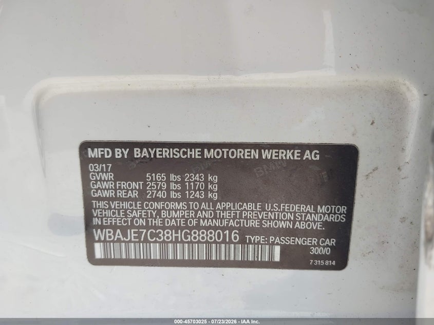 2017 BMW 5er VIN WBAJE7C38HG888016 IAAI salvage auction — FRONT & REAR, Clear (Pennsylvania), sold $6,500 on 2026-08-01 (photo 9)
