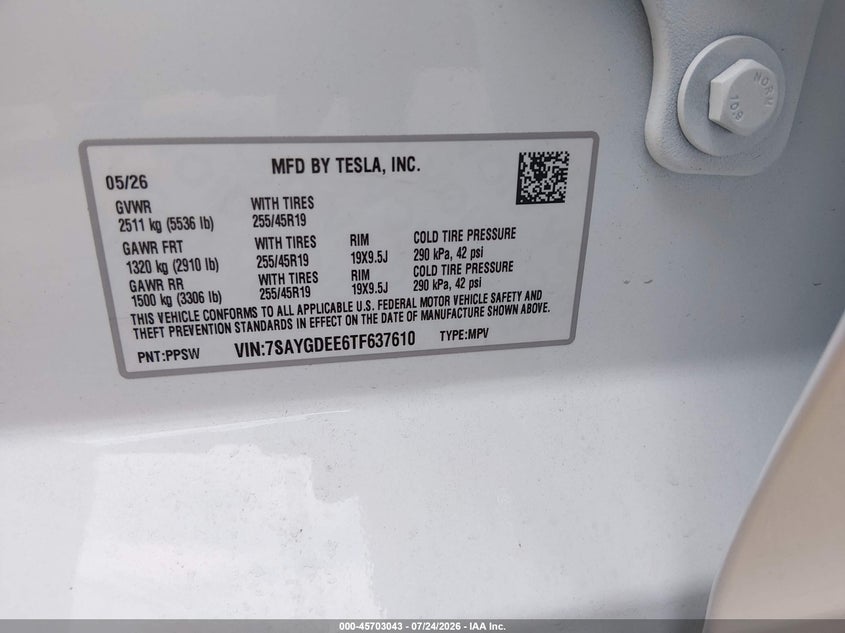 2026 Tesla Model y VIN 7SAYGDEE6TF637610 IAAI salvage auction — LEFT FRONT, Wait Title, sold $20,200 on 2026-09-10 (photo 9)