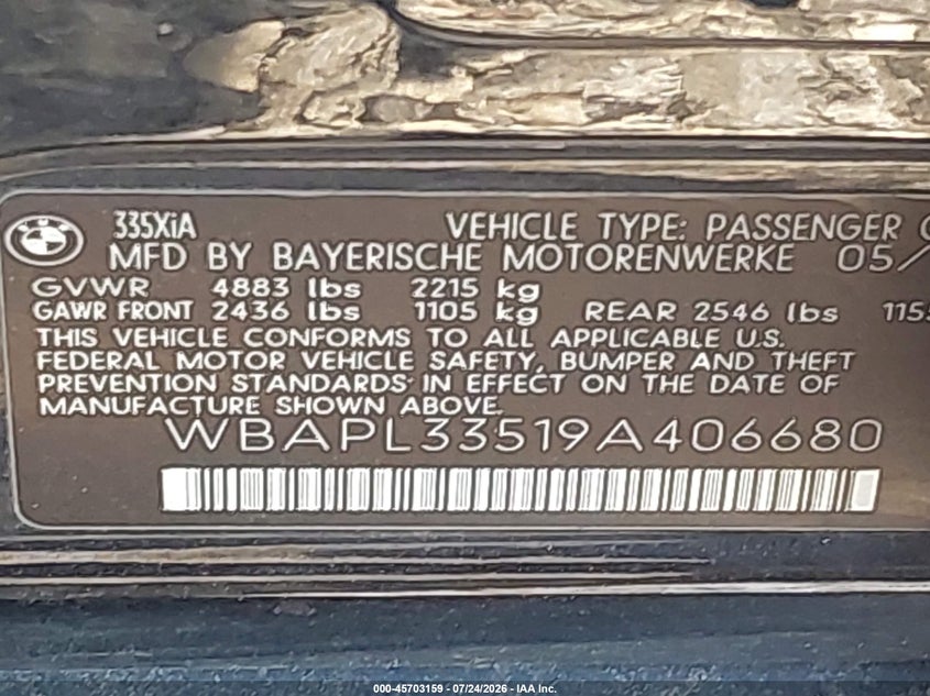 2009 BMW 3 series VIN WBAPL33519A406680 IAAI salvage auction — FRONT & REAR, Clear (New York), sold $600 on 2026-08-04 (photo 9)