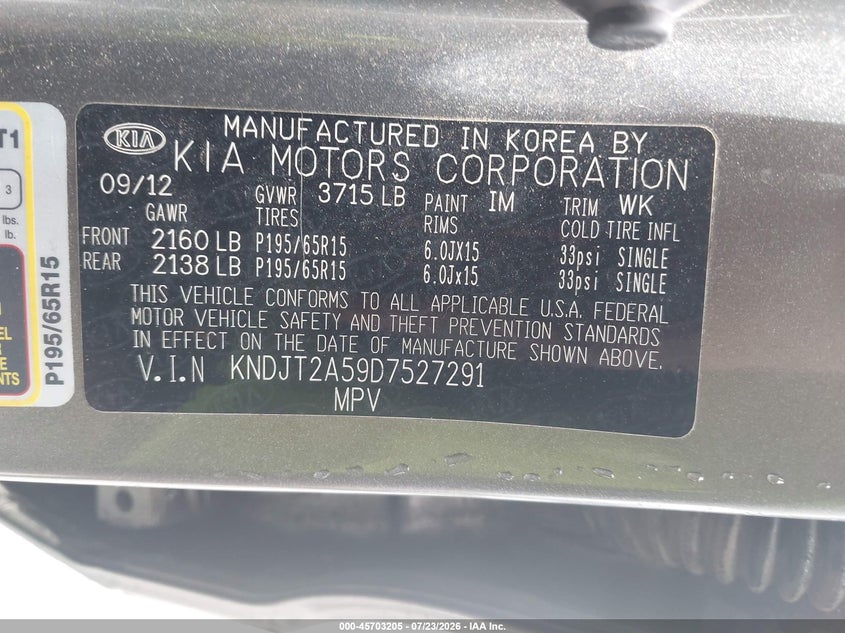 2013 Kia Soul VIN KNDJT2A59D7527291 IAAI salvage auction — LEFT & RIGHT, Repossession Paperwork (Georgia), sold $175 on 2026-07-28 (photo 9)