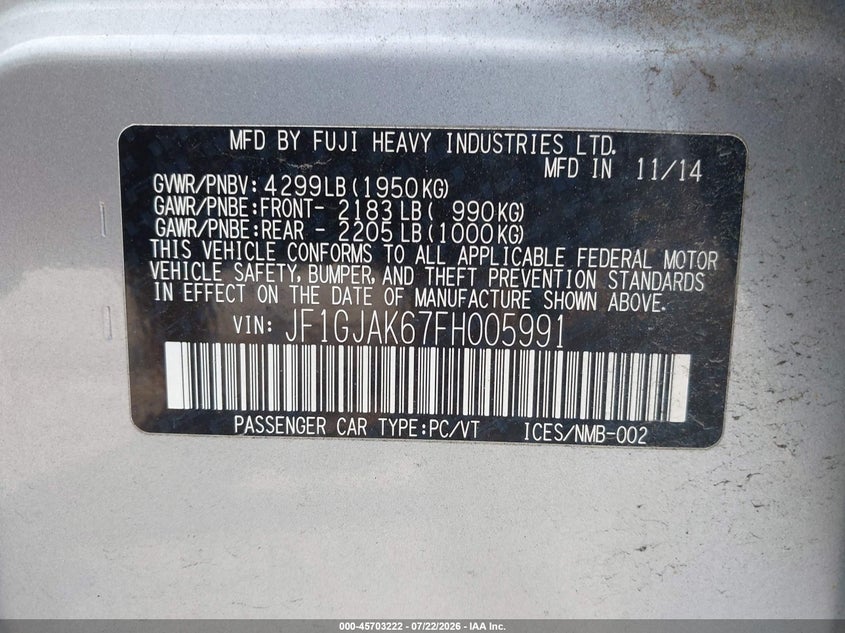 2015 Subaru Impreza VIN JF1GJAK67FH005991 IAAI salvage auction — NORMAL WEAR, Clear (Pennsylvania), sold $475 on 2026-07-29 (photo 9)