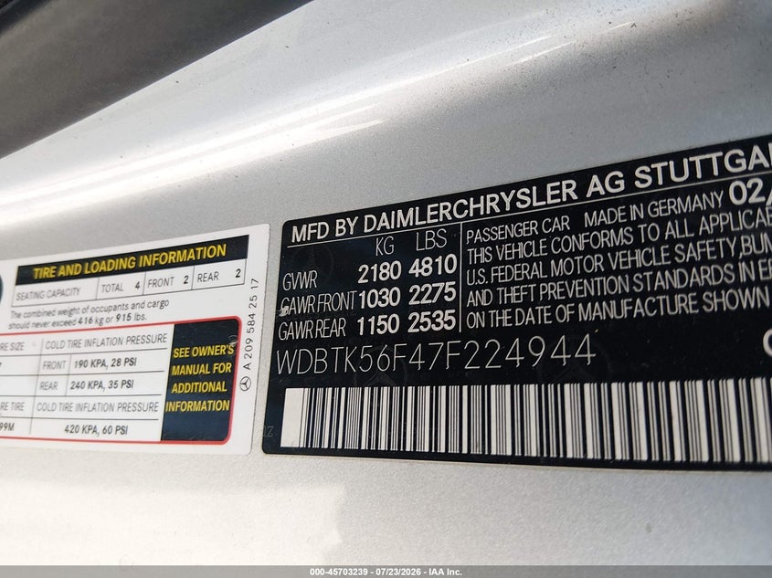 2007 Mercedes-benz Clk-class VIN WDBTK56F47F224944 IAAI salvage auction — NORMAL WEAR, Original (Texas), sold $300 on 2026-08-17 (photo 9)