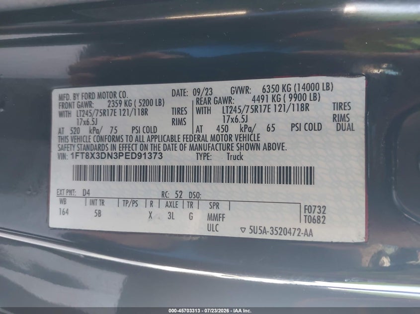 2023 Ford F-550 super duty VIN 1FT8X3DN3PED91373 IAAI salvage auction — UNKNOWN, Original (Texas), sold $16,100 on 2026-07-28 (photo 9)