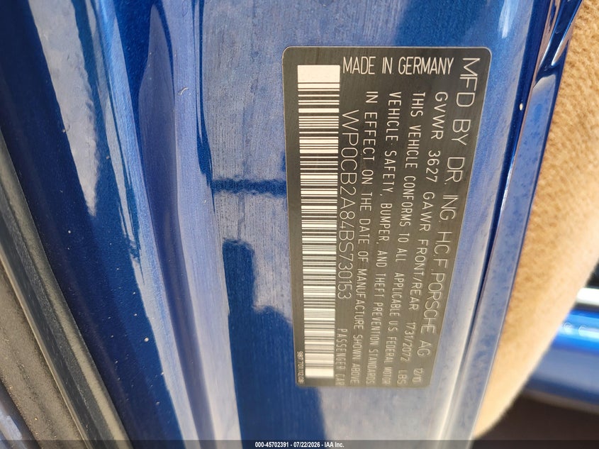 2011 Porsche Boxster VIN WP0CB2A84BS730153 IAAI salvage auction — NORMAL WEAR, Clear (Arizona), sold $7,100 on 2026-07-28 (photo 9)