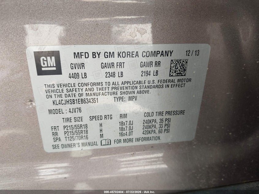 2014 Buick Encore VIN KL4CJHSB1EB634351 IAAI salvage auction — NORMAL WEAR, Clear (Washington), sold $25 on 2026-07-29 (photo 9)