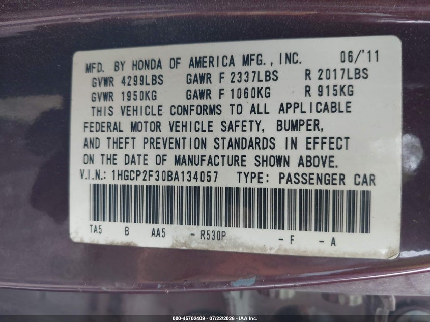 2011 Honda Accord VIN 1HGCP2F30BA134057 IAAI salvage auction — NORMAL WEAR, Clear (Florida), sold $500 on 2026-08-24 (photo 9)