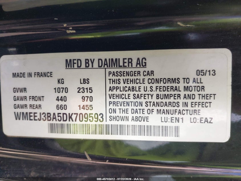 2013 Smart Fortwo VIN WMEEJ3BA5DK709593 IAAI salvage auction — NORMAL WEAR, Clear (Hawaii), sold $650 on 2026-08-04 (photo 9)