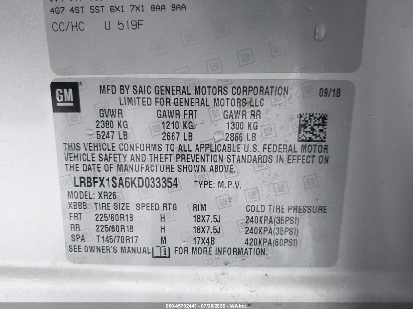 2019 Buick Envision VIN LRBFX1SA6KD033354 IAAI salvage auction — REAR END, Salvage (Connecticut), sold $2,400 on 2026-08-02 (photo 9)