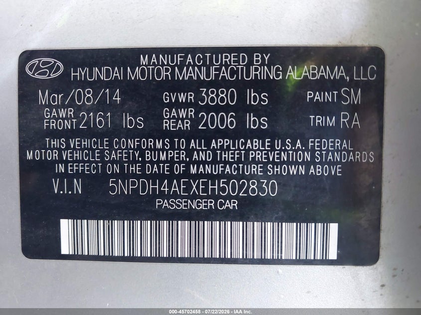 2014 Hyundai Elantra VIN 5NPDH4AEXEH502830 IAAI salvage auction — NORMAL WEAR, Clear - Dealer Only (California), sold $1,150 on 2026-08-29 (photo 9)