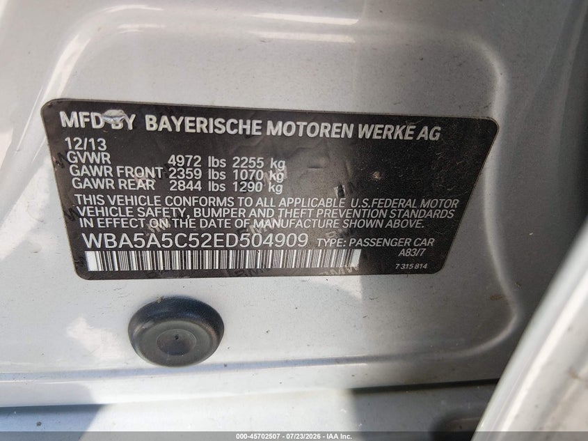 2014 BMW 5 series VIN WBA5A5C52ED504909 IAAI salvage auction — NORMAL WEAR, Original (Texas), sold $700 on 2026-08-10 (photo 9)