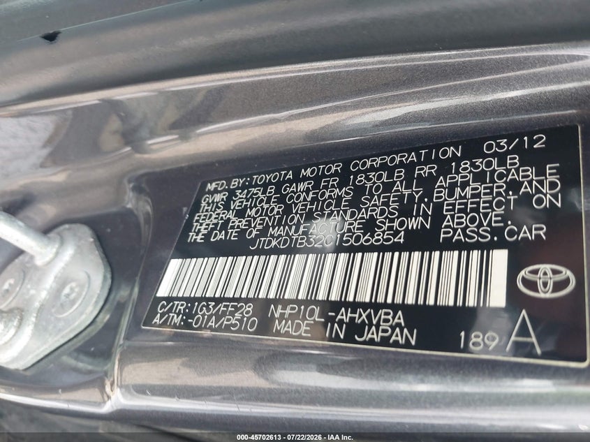 2012 Toyota Prius c VIN JTDKDTB32C1506854 IAAI salvage auction — NORMAL WEAR, Clear (Massachusetts), sold $525 on 2026-07-31 (photo 9)