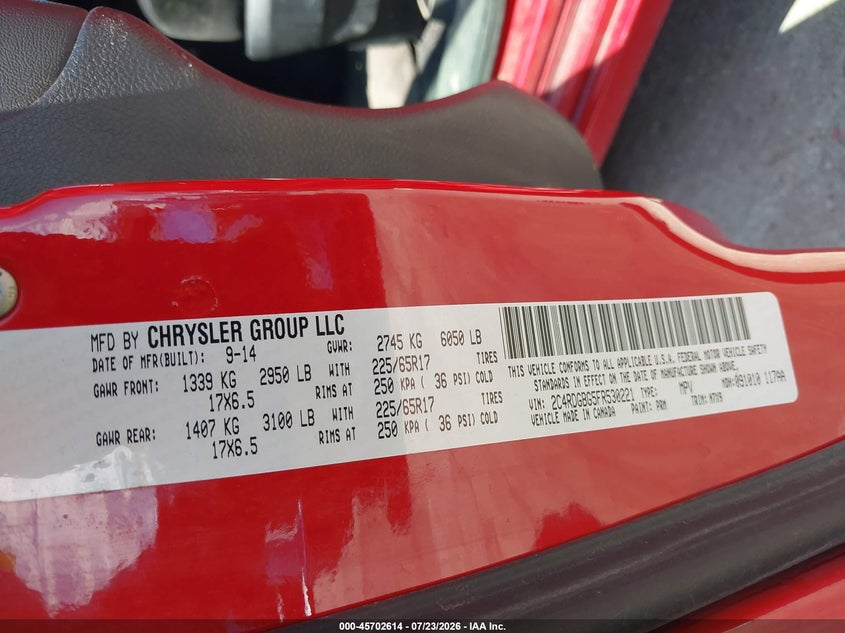 2015 Dodge Caravan VIN 2C4RDGBG5FR530221 IAAI salvage auction — RIGHT SIDE, Salvage Title, sold $825 on 2026-07-31 (photo 9)
