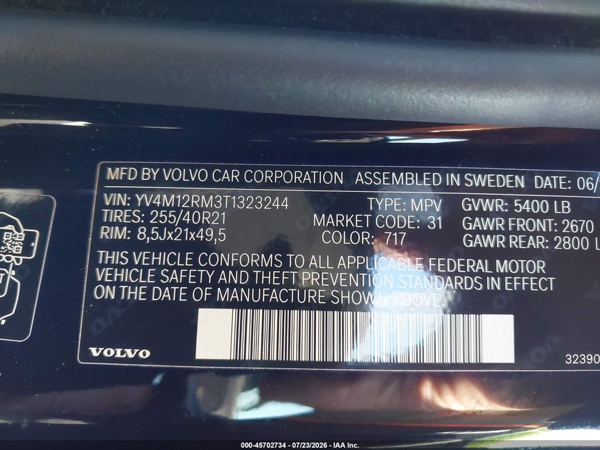 2026 Volvo Xc60 VIN YV4M12RM3T1323244 IAAI salvage auction — FRONT END, Wait Title, sold $18,450 on 2026-08-17 (photo 9)