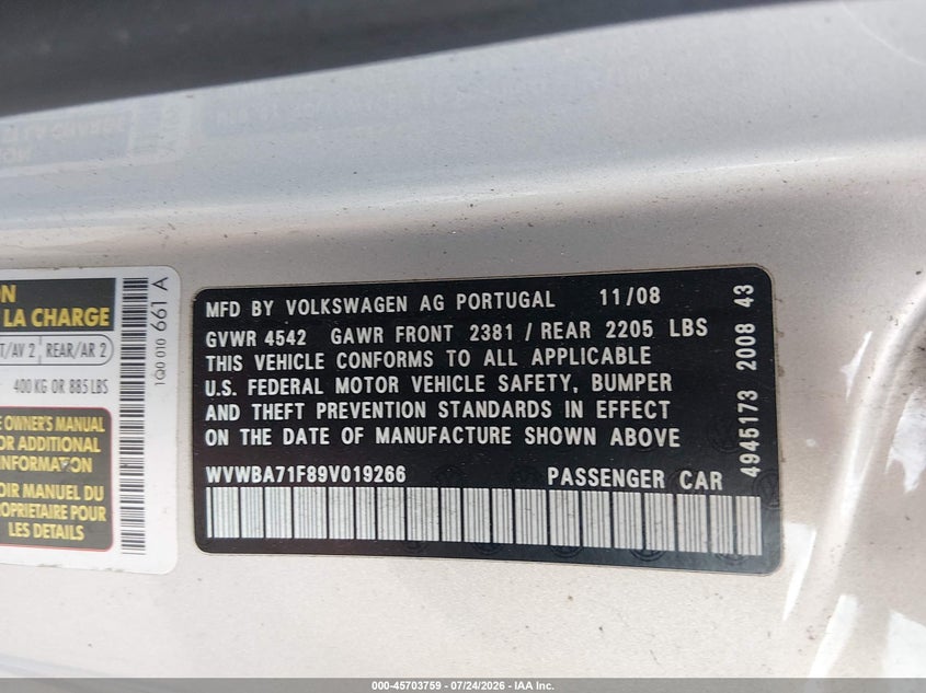 2009 Volkswagen Eos VIN WVWBA71F89V019266 IAAI salvage auction — NORMAL WEAR, Clear-Dealer Only (West Virginia), sold $200 on 2026-08-06 (photo 9)