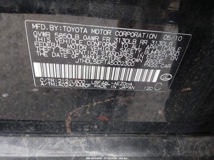 2010 Lexus Ls 460 VIN JTHDL5EF1A5002300 IAAI salvage auction — REAR END, Clear (Minnesota), sold $25 on 2026-07-29 (photo 9)