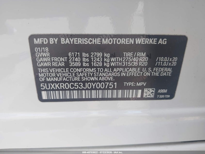 2018 BMW X5 VIN 5UXKR0C53J0Y00751 IAAI salvage auction — REAR END, Rebuildable (Florida), sold $13,700 on 2026-07-31 (photo 9)