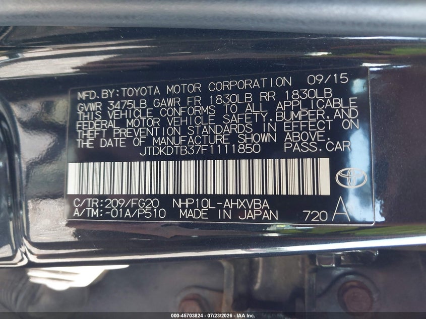 2015 Toyota Prius c VIN JTDKDTB37F1111850 IAAI salvage auction — NORMAL WEAR, Clear (New York), sold $1,850 on 2026-07-28 (photo 9)