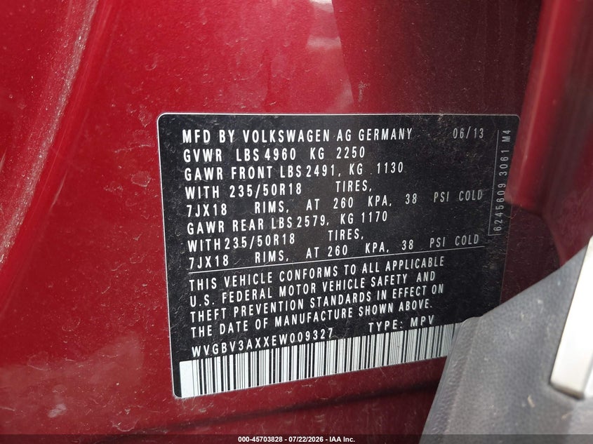 2014 Volkswagen Tiguan VIN WVGBV3AXXEW009327 IAAI salvage auction — FRONT END, Salvage Title, sold $700 on 2026-08-05 (photo 9)