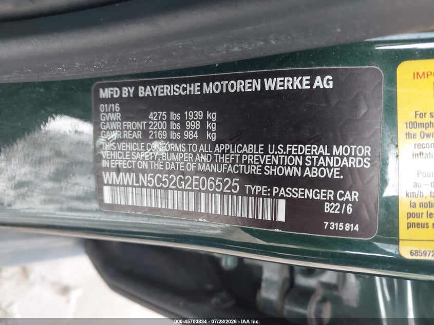 2016 Mini Clubman VIN WMWLN5C52G2E06525 IAAI salvage auction — RIGHT FRONT, Wait Title, sold $2,150 on 2026-08-21 (photo 9)
