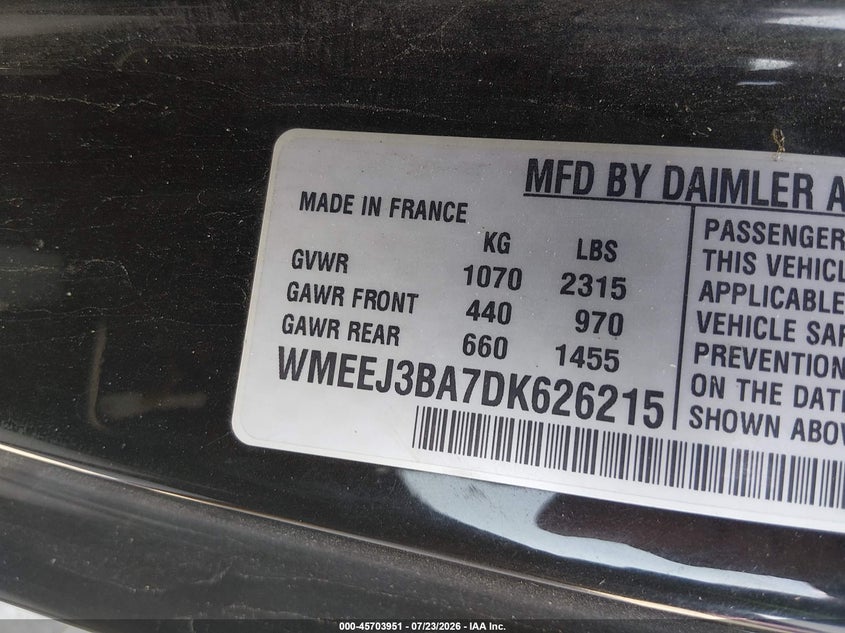 2013 Smart Fortwo VIN WMEEJ3BA7DK626215 IAAI salvage auction — NORMAL WEAR, Salvage Title, sold $1,225 on 2026-08-10 (photo 9)