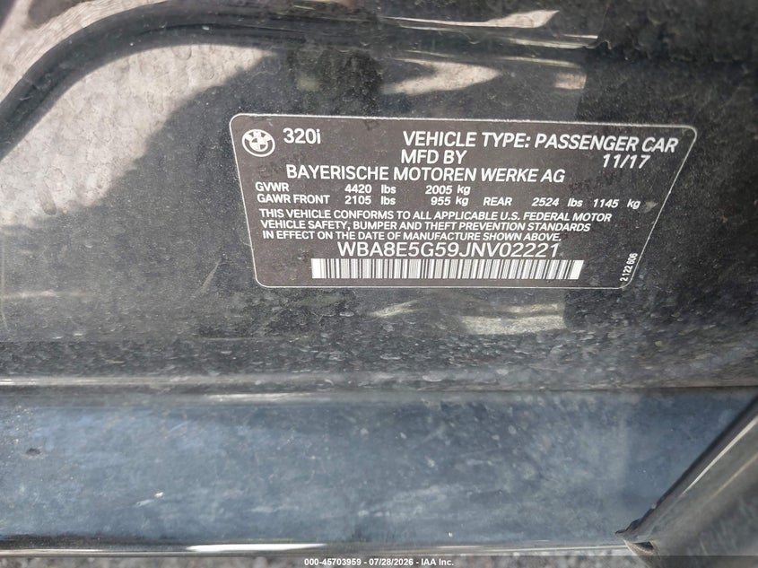 2018 BMW 3 series VIN WBA8E5G59JNV02221 IAAI salvage auction — NORMAL WEAR, Rebuilt -  Public Restricted (Oklahoma), sold $125 on 2026-08-04 (photo 9)