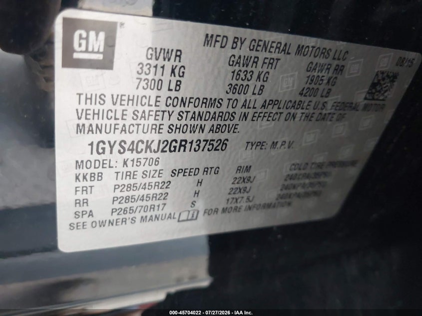 2016 Cadillac Escalade VIN 1GYS4CKJ2GR137526 IAAI salvage auction — NORMAL WEAR, Clear (Utah), sold $7,275 on 2026-07-30 (photo 9)