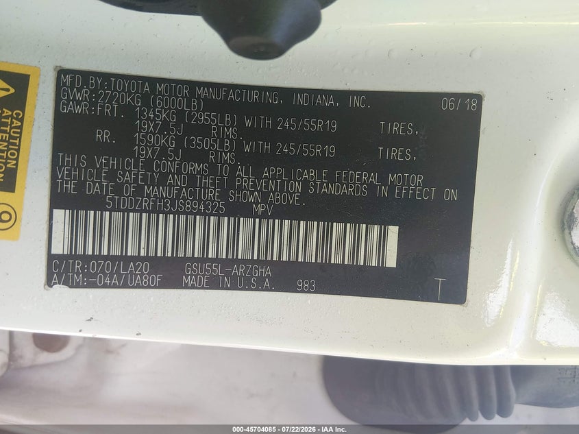 2018 Toyota Highlander VIN 5TDDZRFH3JS894325 IAAI salvage auction — NORMAL WEAR, Original (Vermont), sold $25 on 2026-07-30 (photo 9)