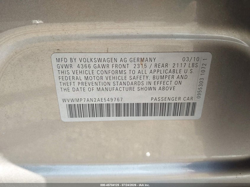 2010 Volkswagen Cc VIN WVWMP7AN2AE549767 IAAI salvage auction — SIDE, Salvage (Idaho), sold $625 on 2026-08-19 (photo 9)