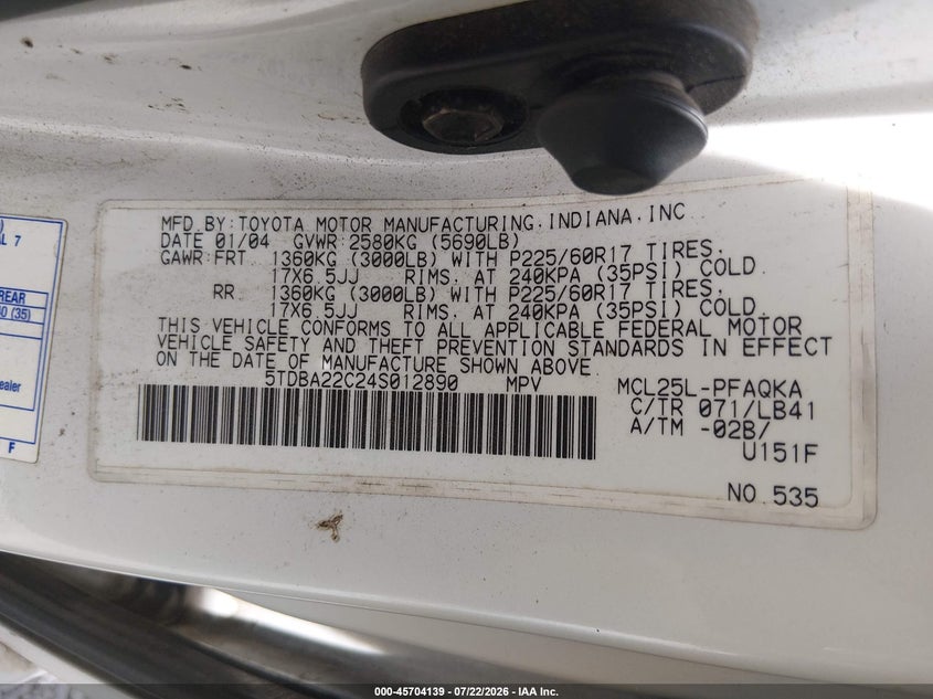 2004 Toyota Sienna VIN 5TDBA22C24S012890 IAAI salvage auction — NORMAL WEAR, Clear (South Carolina), sold $400 on 2026-07-28 (photo 9)