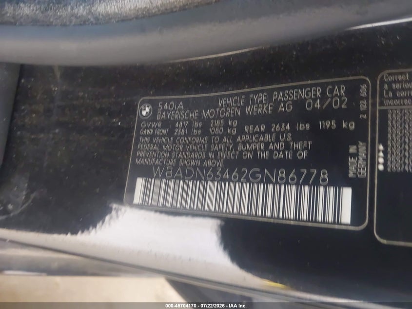 2002 BMW 5 series VIN WBADN63462GN86778 IAAI salvage auction — NORMAL WEAR, Clear (Minnesota), sold $250 on 2026-08-12 (photo 9)