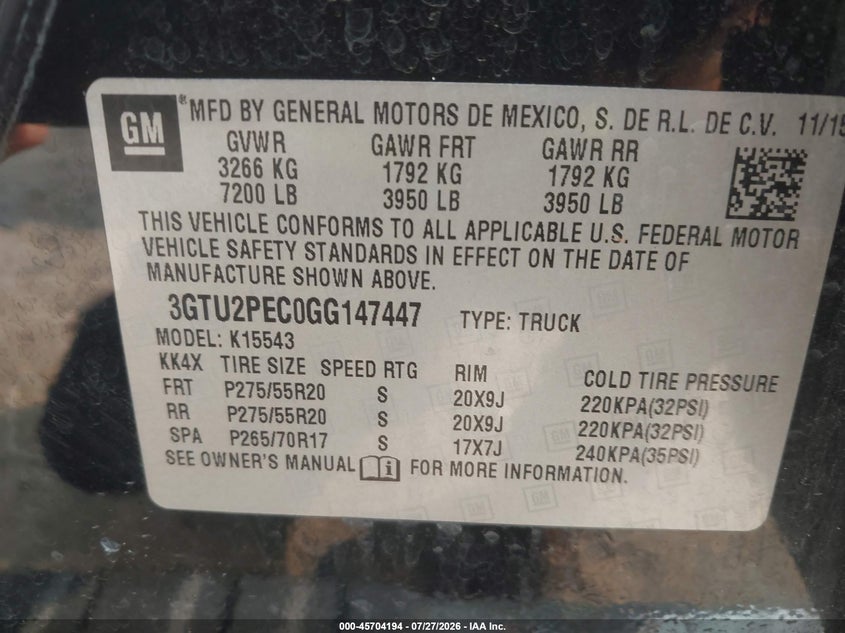 2016 Gmc SIERRA VIN 3GTU2PEC0GG147447 IAAI salvage auction — FRONT END, Wait Title, sold $6,475 on 2026-09-02 (photo 9)