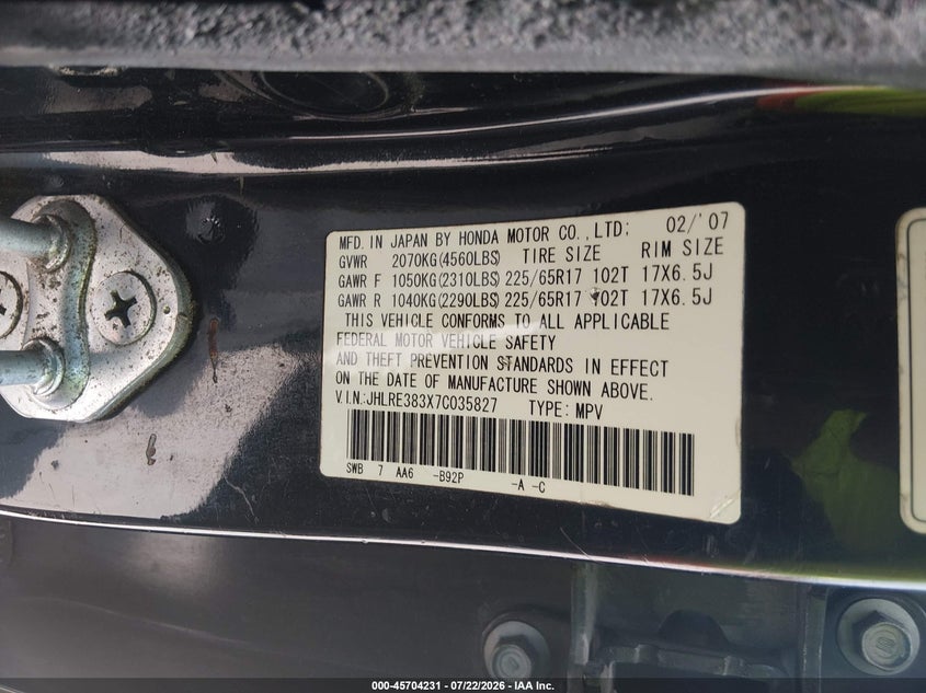 2007 Honda Cr-v VIN JHLRE383X7C035827 IAAI salvage auction — NORMAL WEAR, Original (Texas), sold $1,725 on 2026-08-01 (photo 9)