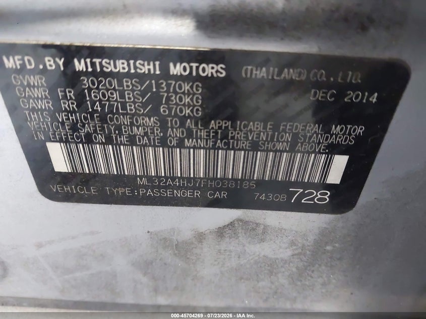 2015 Mitsubishi Mirage VIN ML32A4HJ7FH038185 IAAI salvage auction — RIGHT FRONT, Wait Title, sold $550 on 2026-08-19 (photo 9)