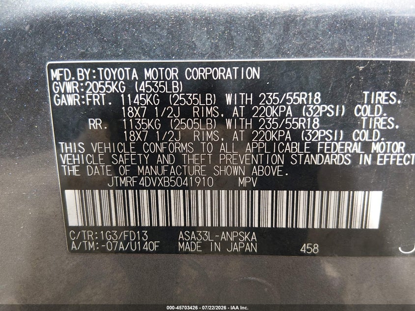 2011 Toyota Rav4 VIN JTMRF4DVXB5041910 IAAI salvage auction — NORMAL WEAR, Clear (Pennsylvania), sold $125 on 2026-07-30 (photo 9)