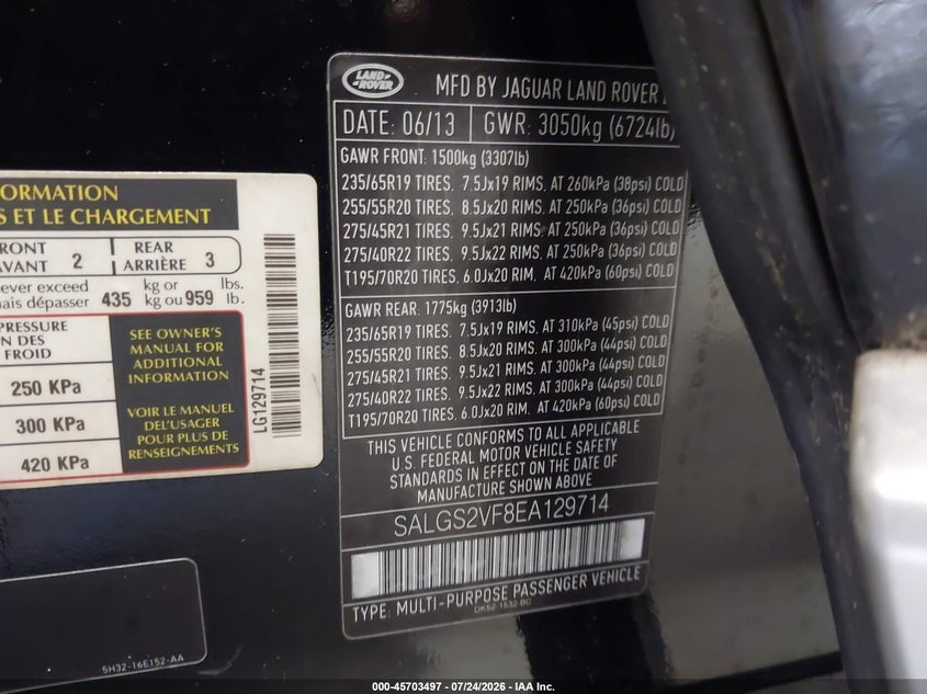 2014 Land rover RANGE ROVER VIN SALGS2VF8EA129714 IAAI salvage auction — FRONT END, Mv-907A (New York), sold $2,700 on 2026-08-01 (photo 9)