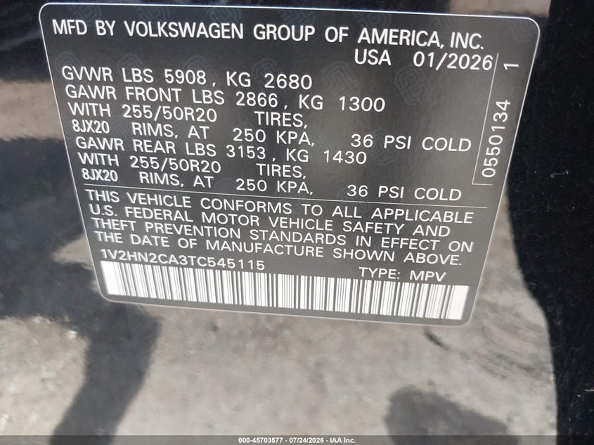 2026 Volkswagen Atlas VIN 1V2HN2CA3TC545115 IAAI salvage auction — REAR END, Enterprise Vehicles Clear Only (New York), sold $19,200 on 2026-07-30 (photo 9)