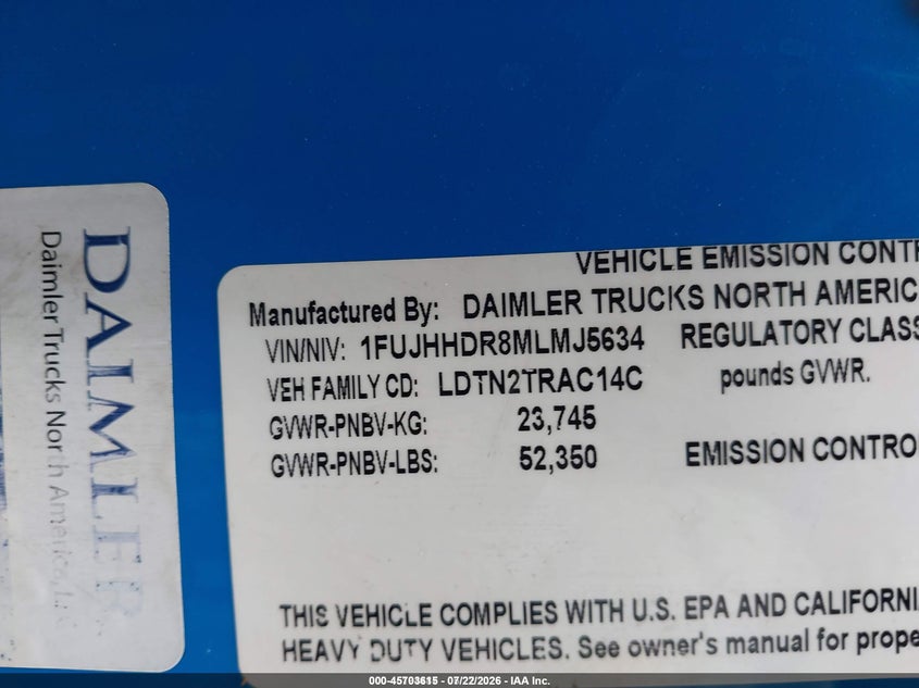 2021 Freightliner New cascadia 126 VIN 1FUJHHDR8MLMJ5634 IAAI salvage auction — MECHANICAL, Wait Title, sold $18,500 on 2026-08-26 (photo 8)