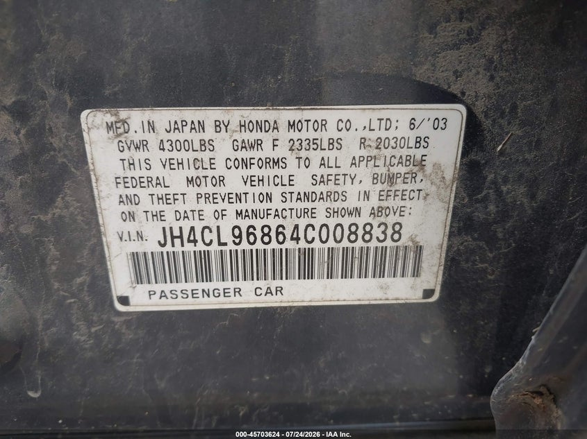 2004 Acura Tsx VIN JH4CL96864C008838 IAAI salvage auction — FRONT END, Salvage (West Virginia), sold $275 on 2026-08-29 (photo 9)