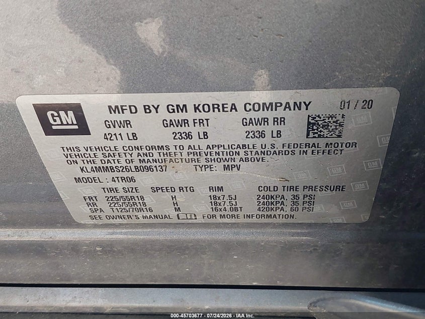 2020 Buick Encore gx VIN KL4MMBS26LB096137 IAAI salvage auction — NORMAL WEAR, Salvage Title, sold $225 on 2026-07-30 (photo 9)